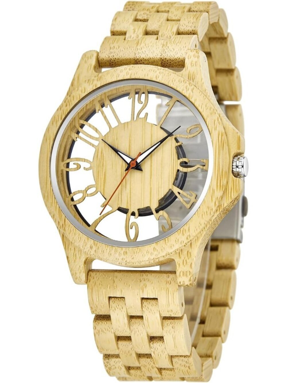 Men's Yellow Quartz Ebony Zebra Fold over Clasp Wood Strap Round Wooden Watch